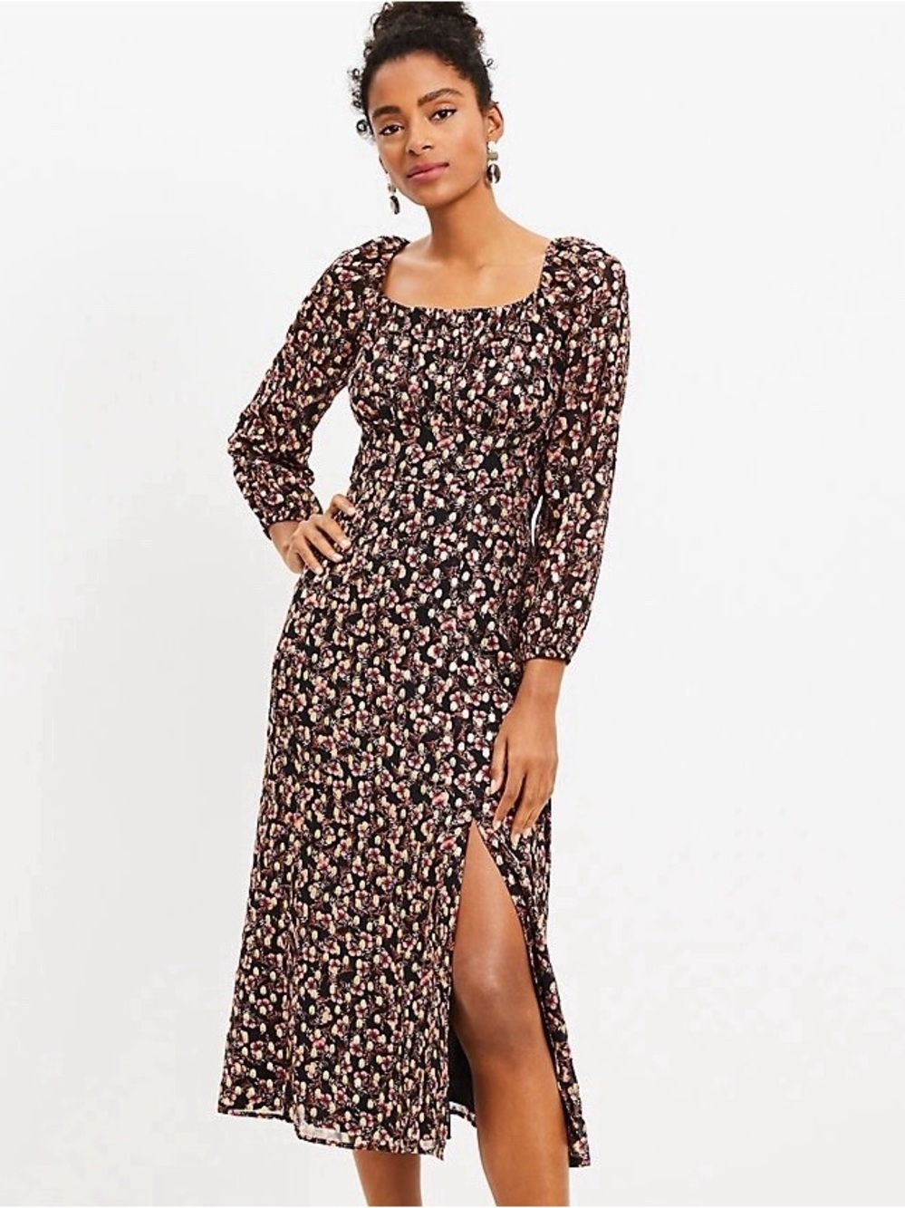 LOFT Floral Puff Sleeve Side Slit Dress - size 6 - Cottagecore / Spring Workwear